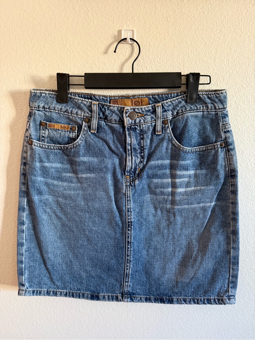 Lei Blue Denim Skirt with Leather Logo Patch